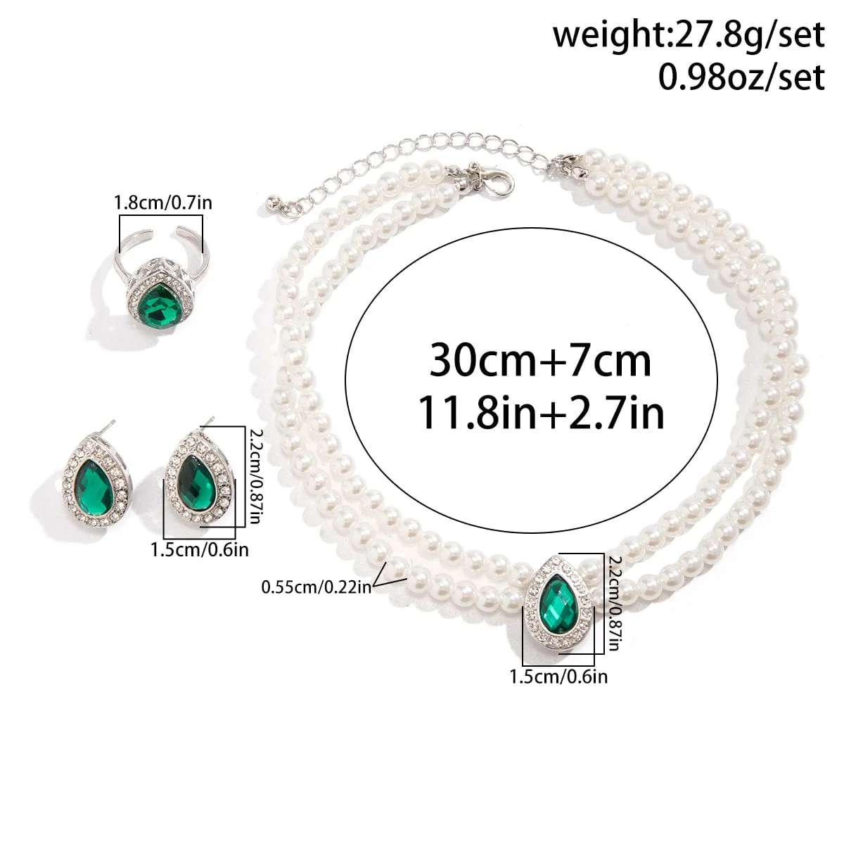 Elegant Emerald Cubic Zirconia Inlaid Pearl Chain Choker Necklace Earrings Ring Set
