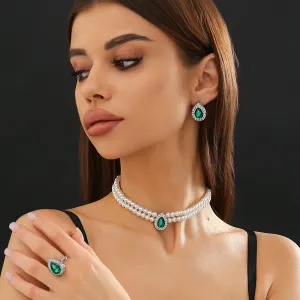 Elegant Emerald Cubic Zirconia Inlaid Pearl Chain Choker Necklace Earrings Ring Set