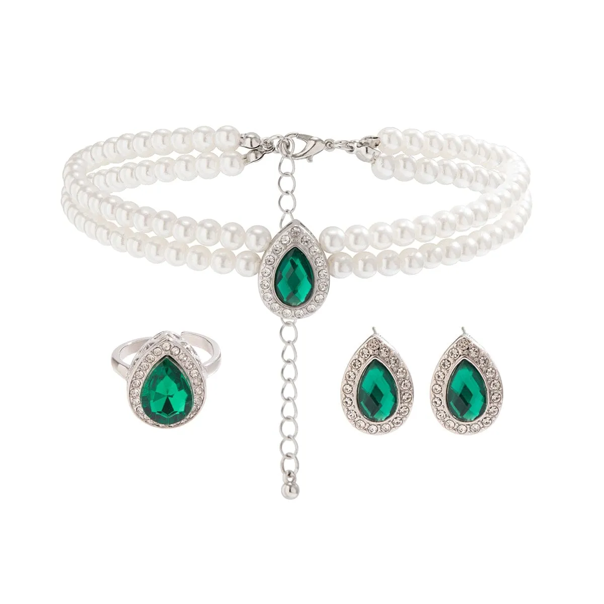 Elegant Emerald Cubic Zirconia Inlaid Pearl Chain Choker Necklace Earrings Ring Set