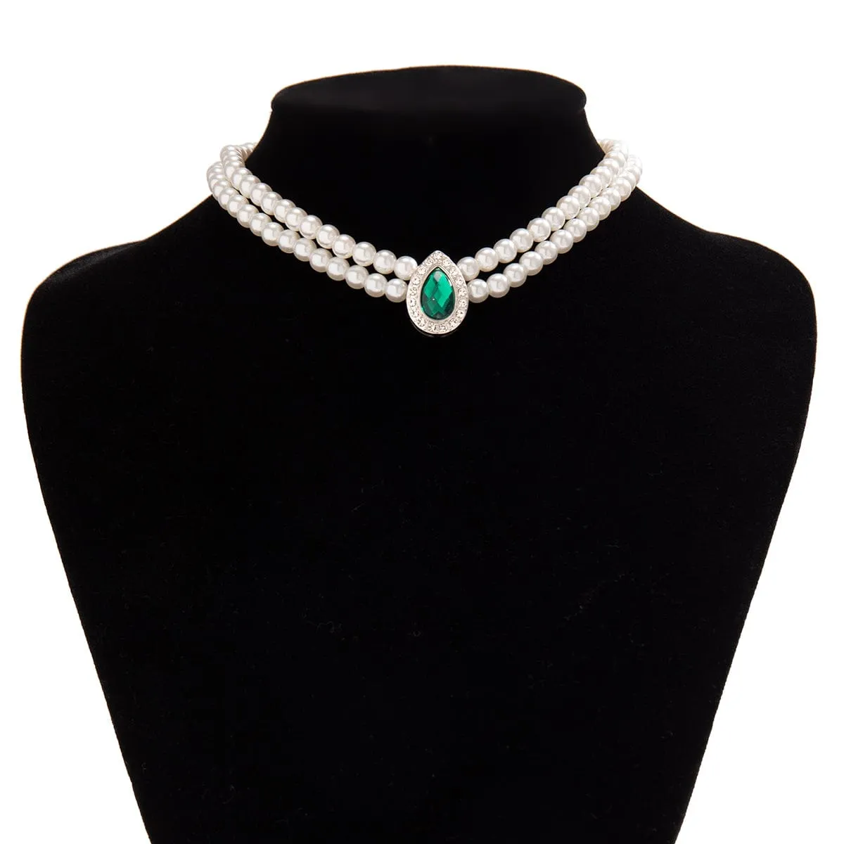 Elegant Emerald Cubic Zirconia Inlaid Pearl Chain Choker Necklace Earrings Ring Set