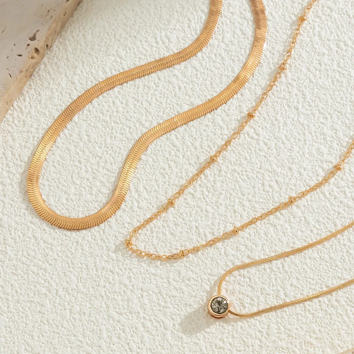 Elegant Layered Crystal Inlaid Pendant Snake Chain Necklace Set