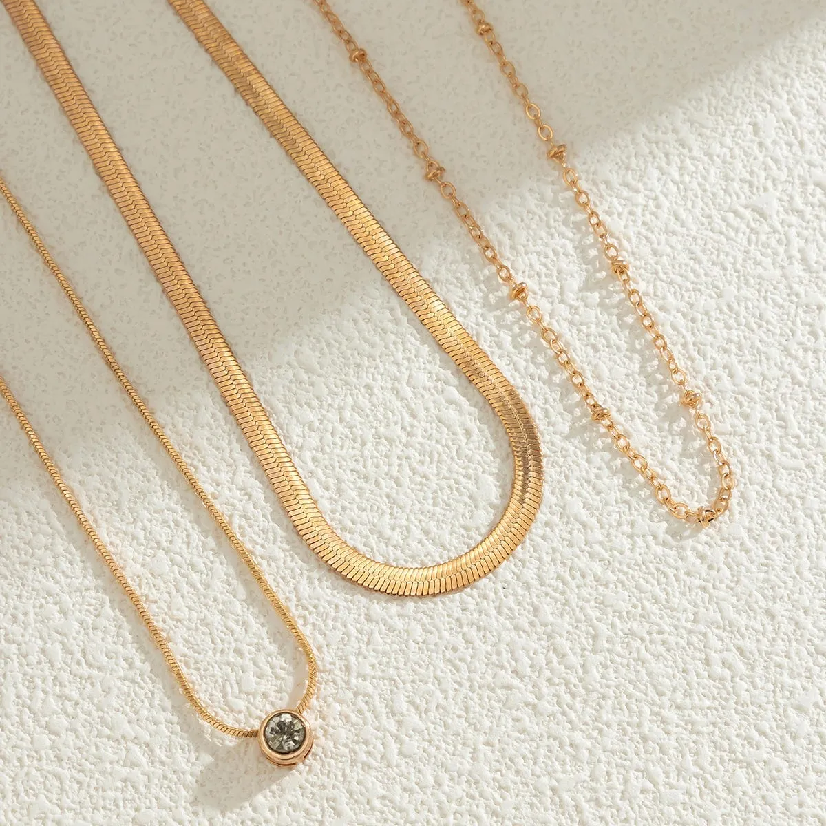 Elegant Layered Crystal Inlaid Pendant Snake Chain Necklace Set