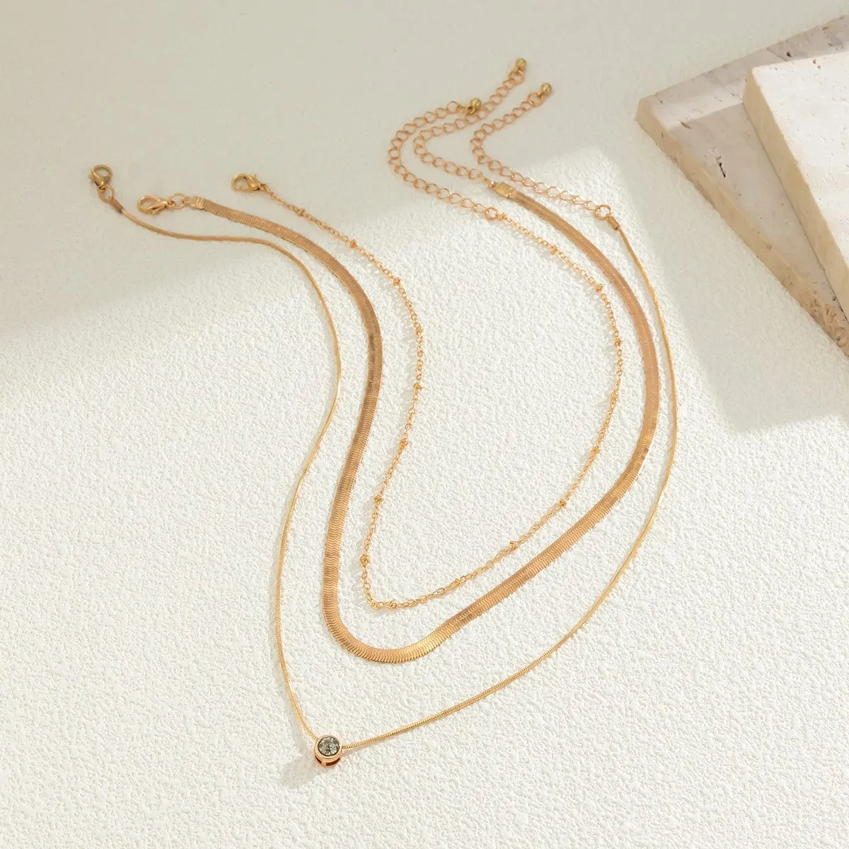 Elegant Layered Crystal Inlaid Pendant Snake Chain Necklace Set