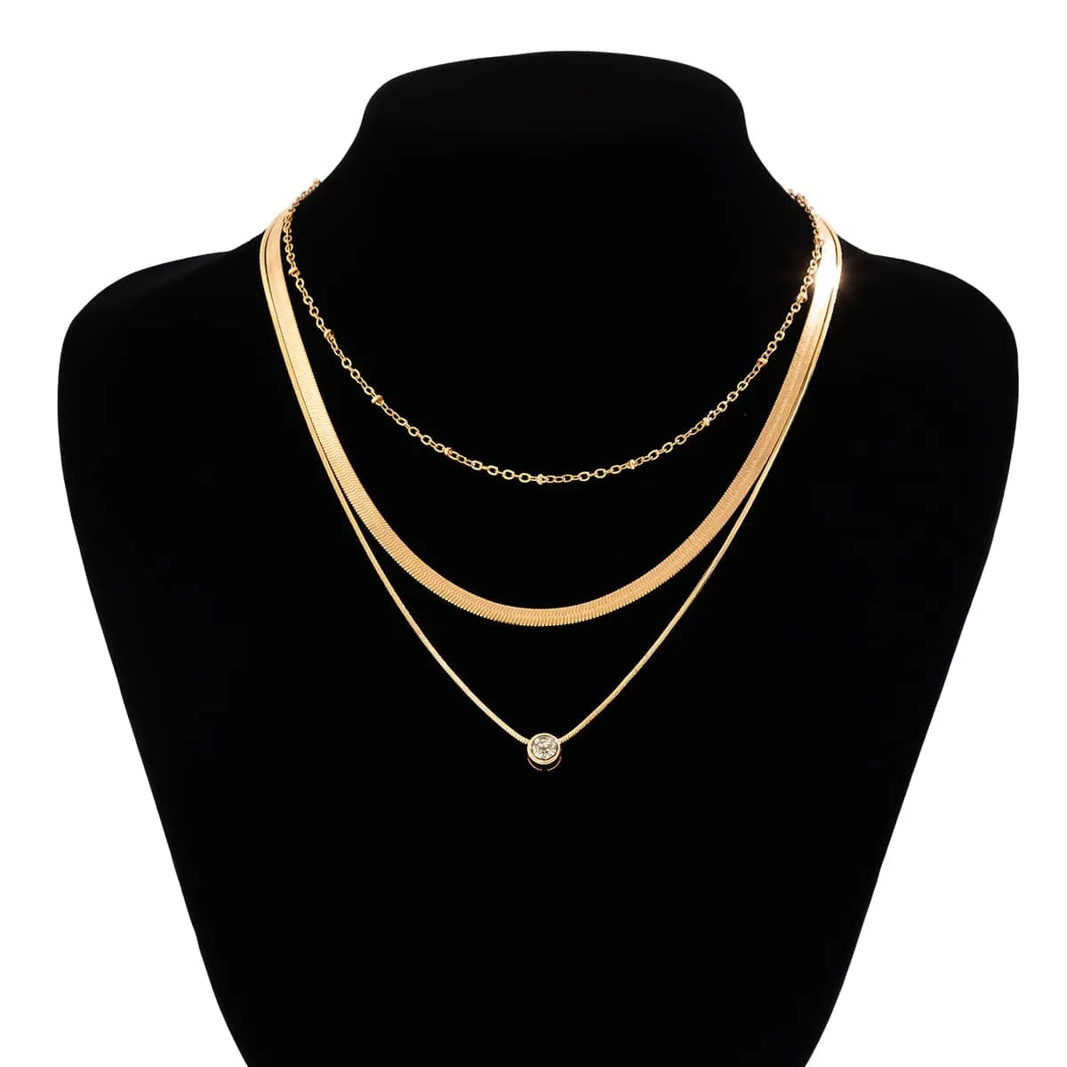 Elegant Layered Crystal Inlaid Pendant Snake Chain Necklace Set