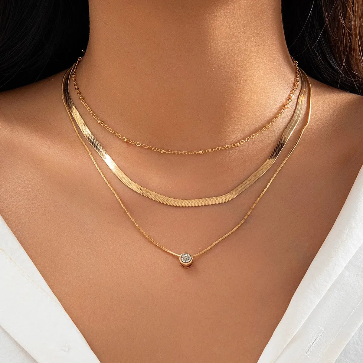 Elegant Layered Crystal Inlaid Pendant Snake Chain Necklace Set