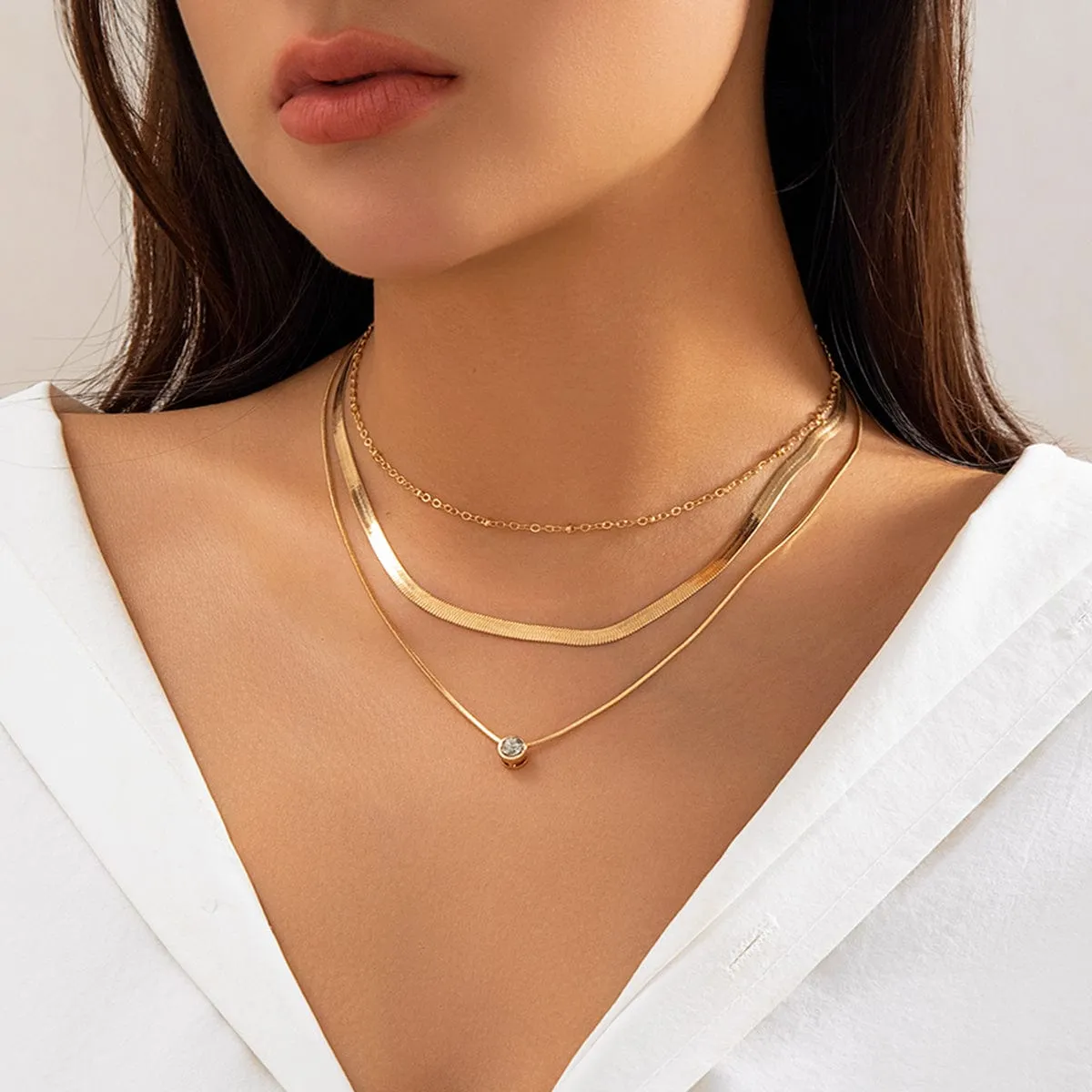 Elegant Layered Crystal Inlaid Pendant Snake Chain Necklace Set