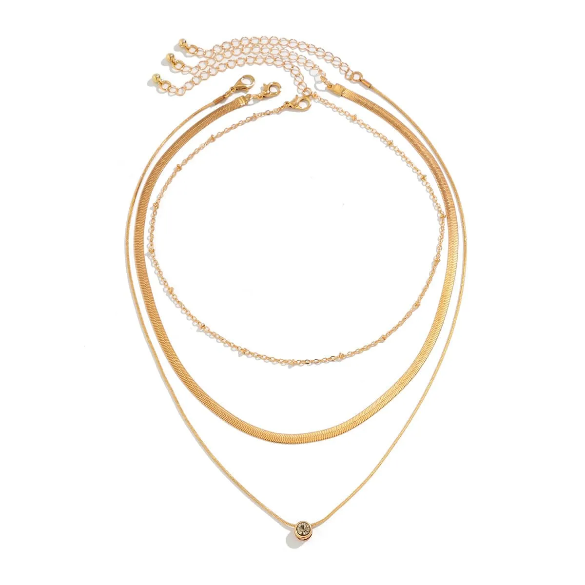 Elegant Layered Crystal Inlaid Pendant Snake Chain Necklace Set