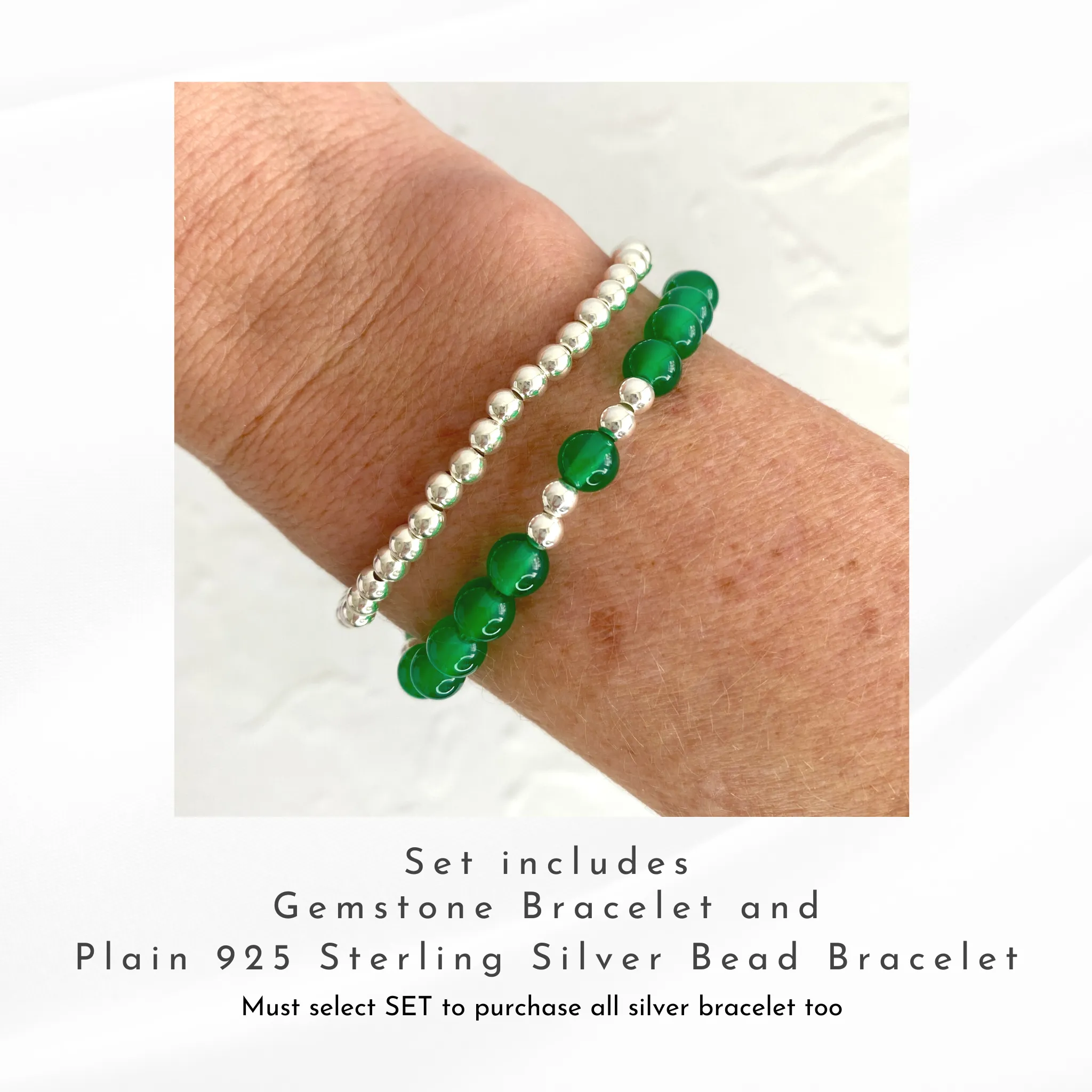 Emerald Green Agate Gemstone Bracelet with Silver Accent | Solo or Stack Set
