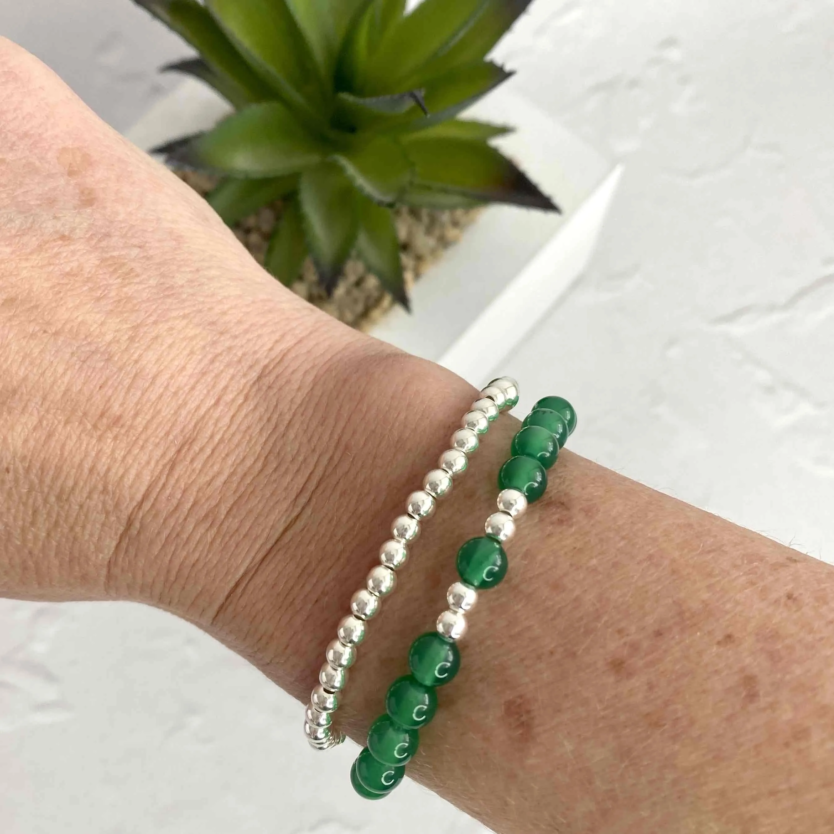Emerald Green Agate Gemstone Bracelet with Silver Accent | Solo or Stack Set