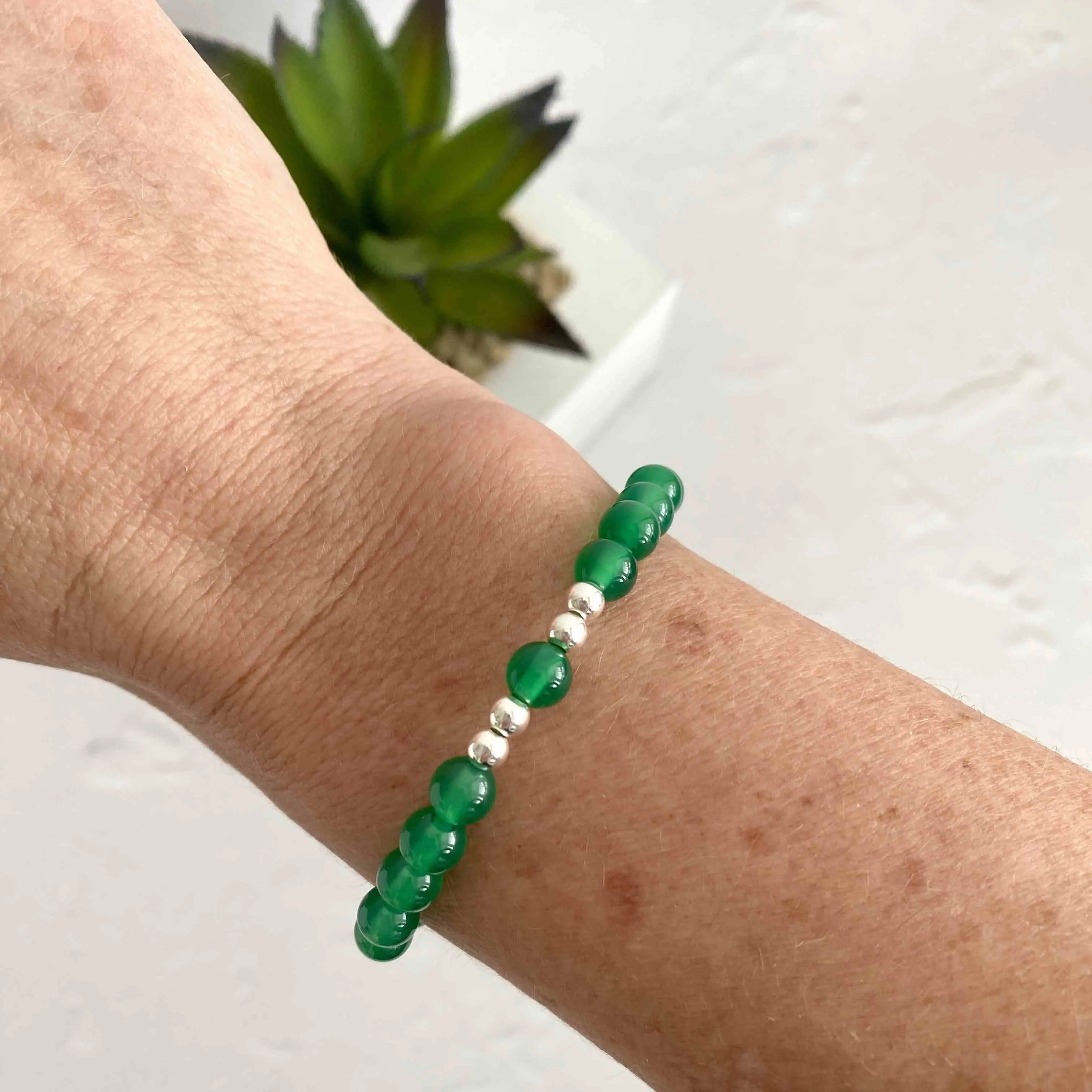 Emerald Green Agate Gemstone Bracelet with Silver Accent | Solo or Stack Set