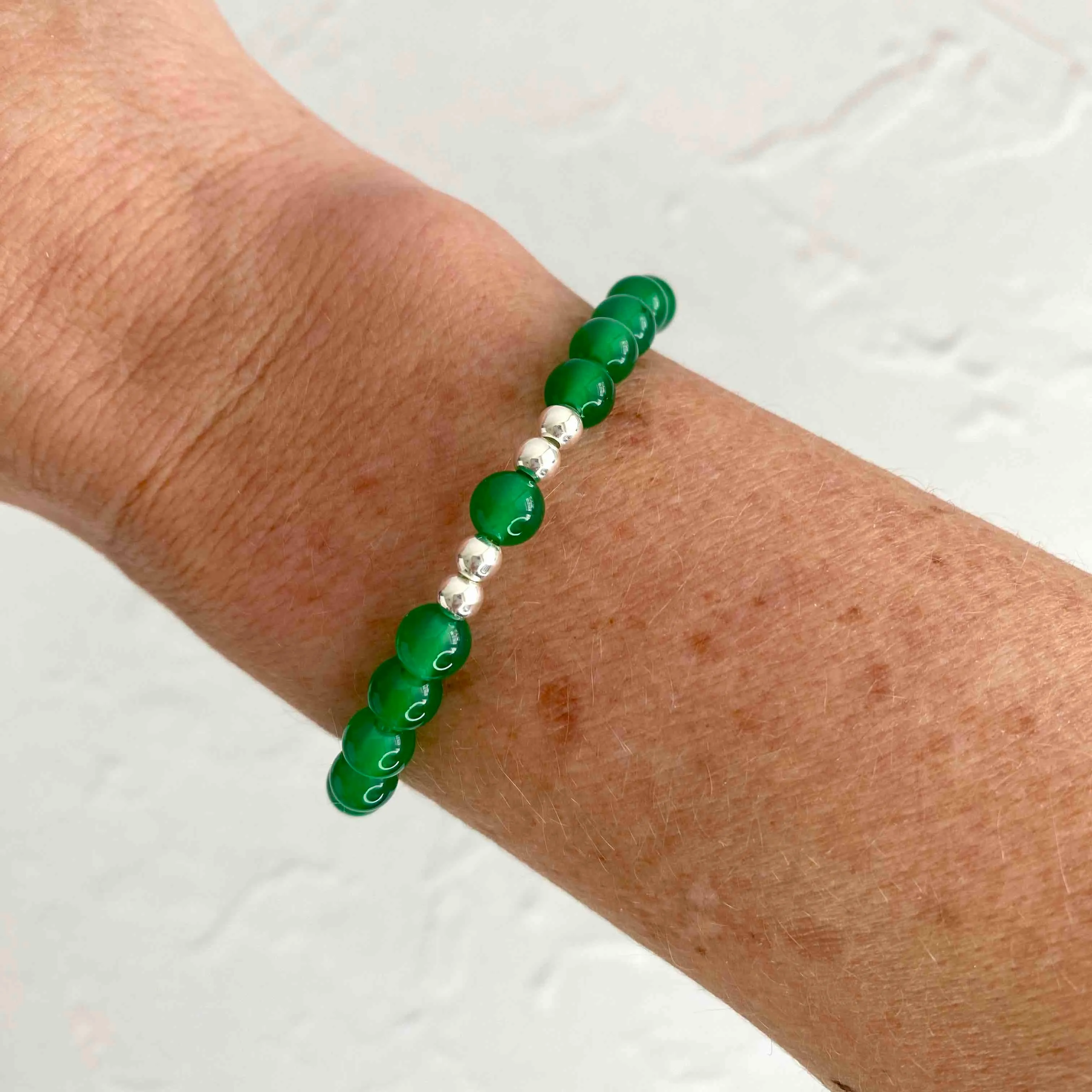 Emerald Green Agate Gemstone Bracelet with Silver Accent | Solo or Stack Set
