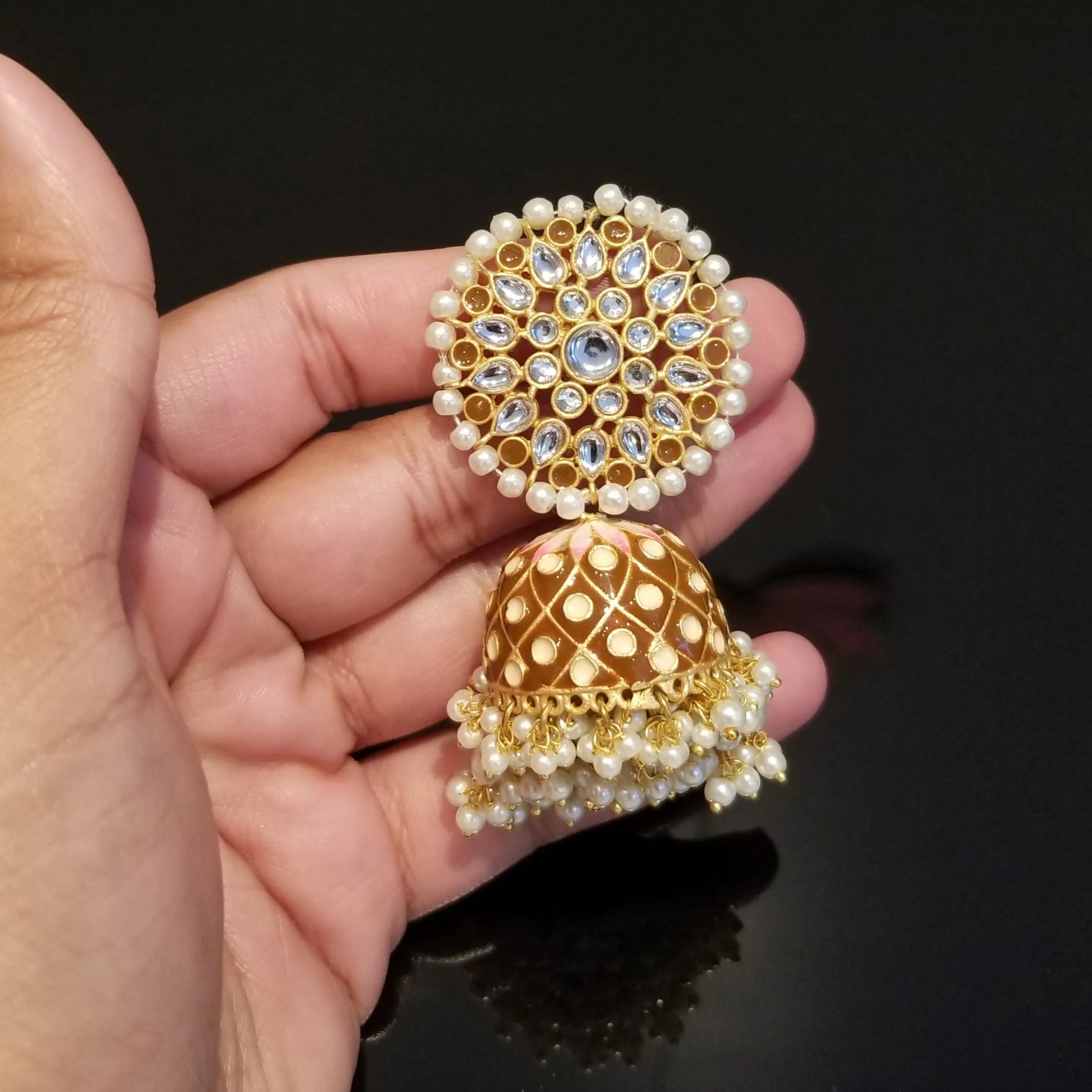 Enamel Jhumkas with Pearl Drops