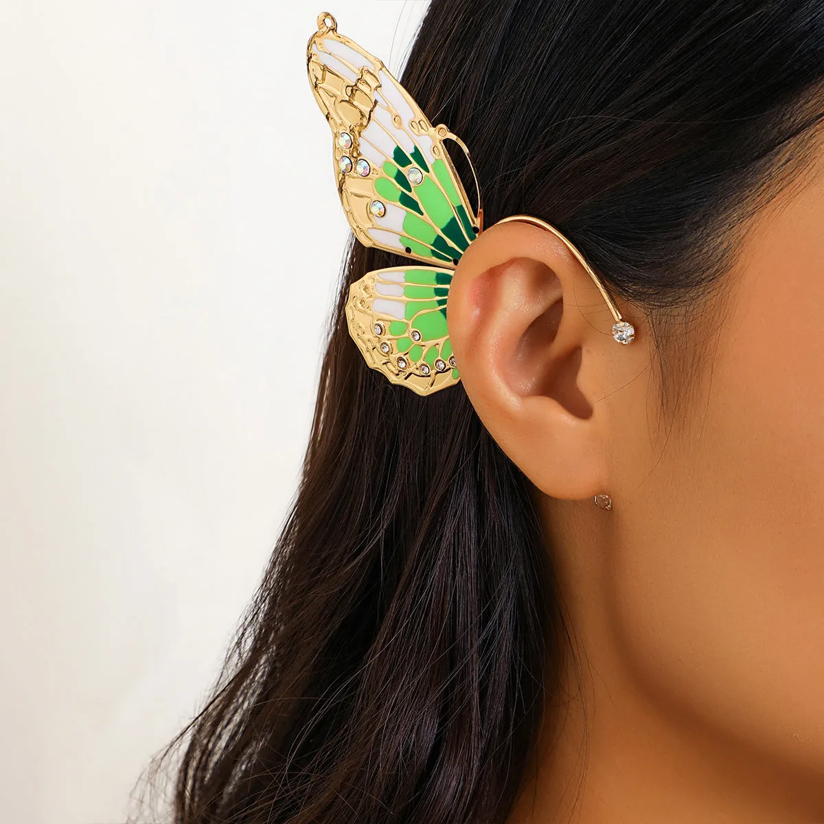 Europe and America Cross Border Ornament Genie Ear Hanging Non-Pierced Butterfly Ear Clip for Women Retro Rhinestone Wings Niche Ear Clip
