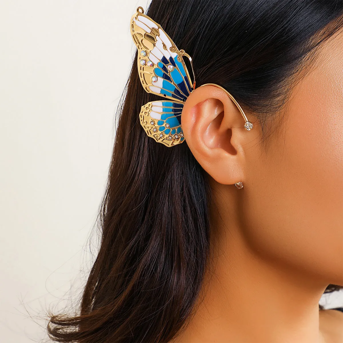 Europe and America Cross Border Ornament Genie Ear Hanging Non-Pierced Butterfly Ear Clip for Women Retro Rhinestone Wings Niche Ear Clip