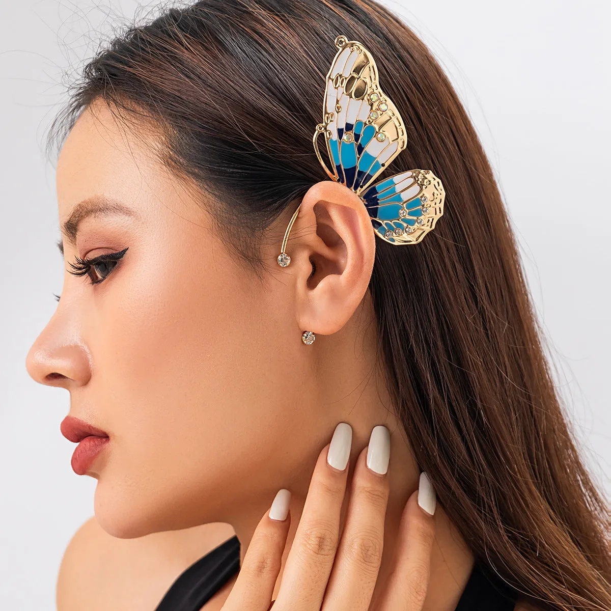 Europe and America Cross Border Ornament Genie Ear Hanging Non-Pierced Butterfly Ear Clip for Women Retro Rhinestone Wings Niche Ear Clip