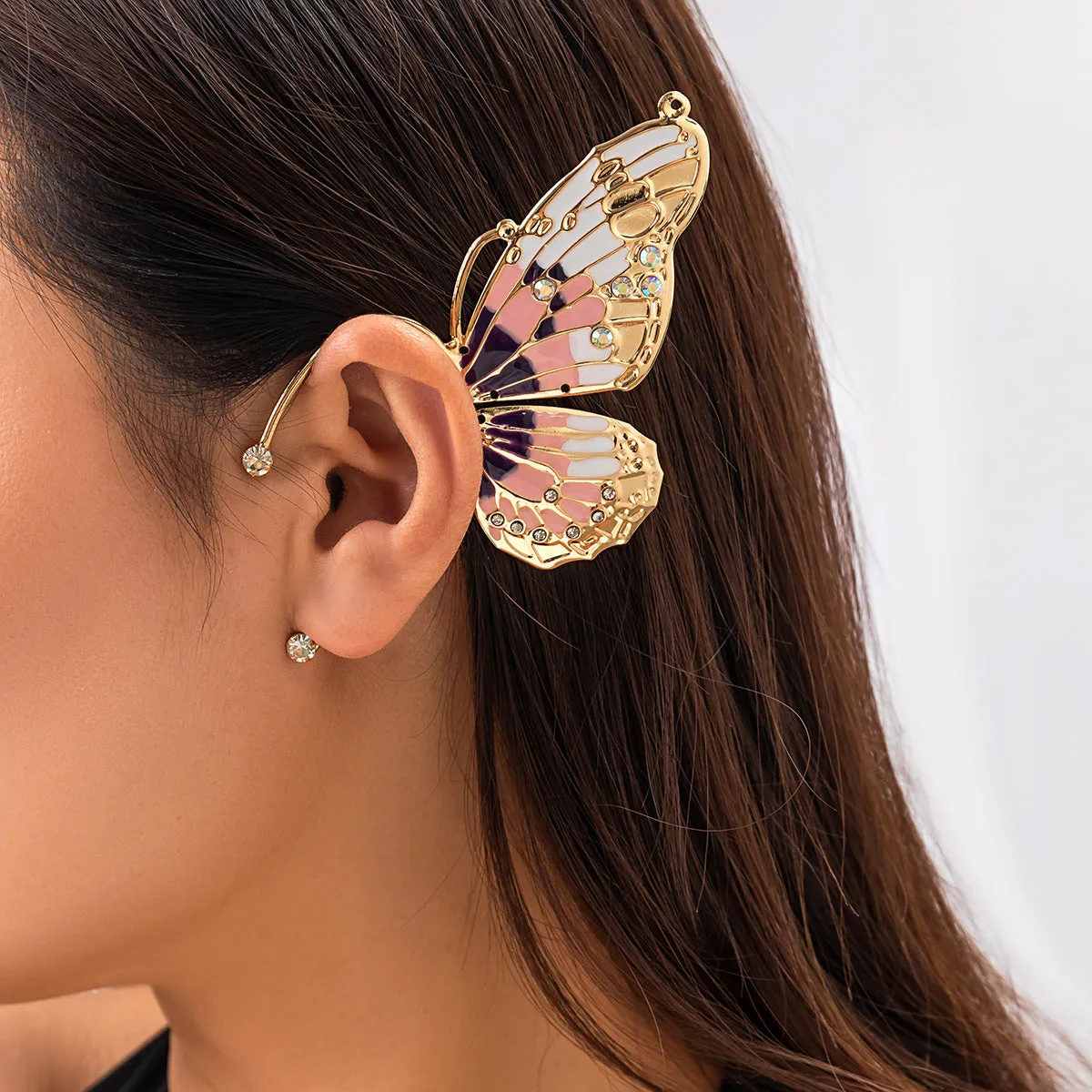 Europe and America Cross Border Ornament Genie Ear Hanging Non-Pierced Butterfly Ear Clip for Women Retro Rhinestone Wings Niche Ear Clip