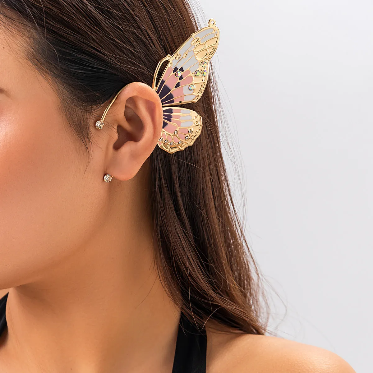 Europe and America Cross Border Ornament Genie Ear Hanging Non-Pierced Butterfly Ear Clip for Women Retro Rhinestone Wings Niche Ear Clip