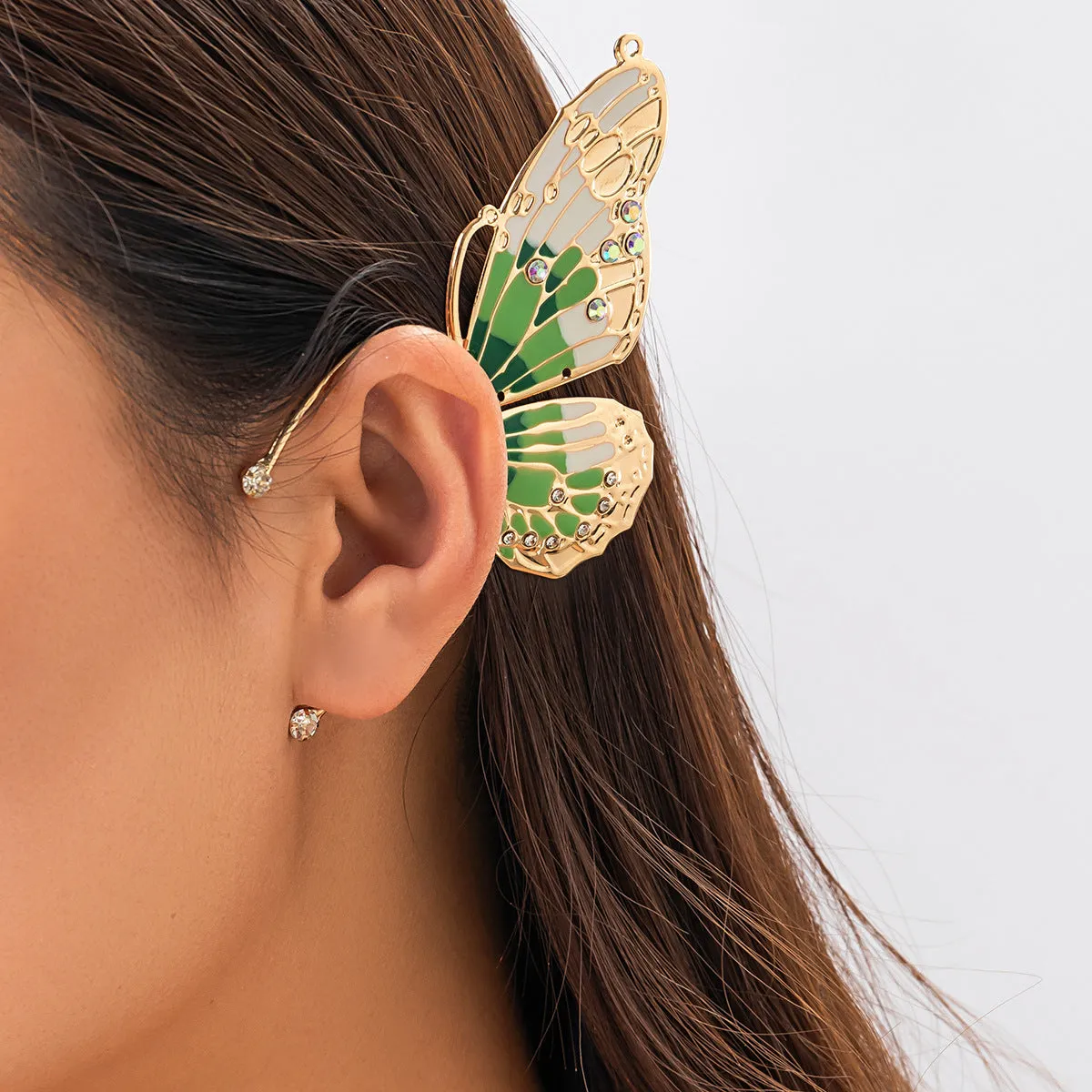Europe and America Cross Border Ornament Genie Ear Hanging Non-Pierced Butterfly Ear Clip for Women Retro Rhinestone Wings Niche Ear Clip