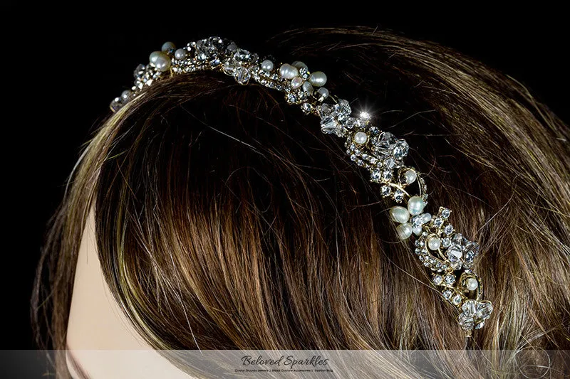 Eva Floral Pearl Gold Headband | Swarovski Crystal