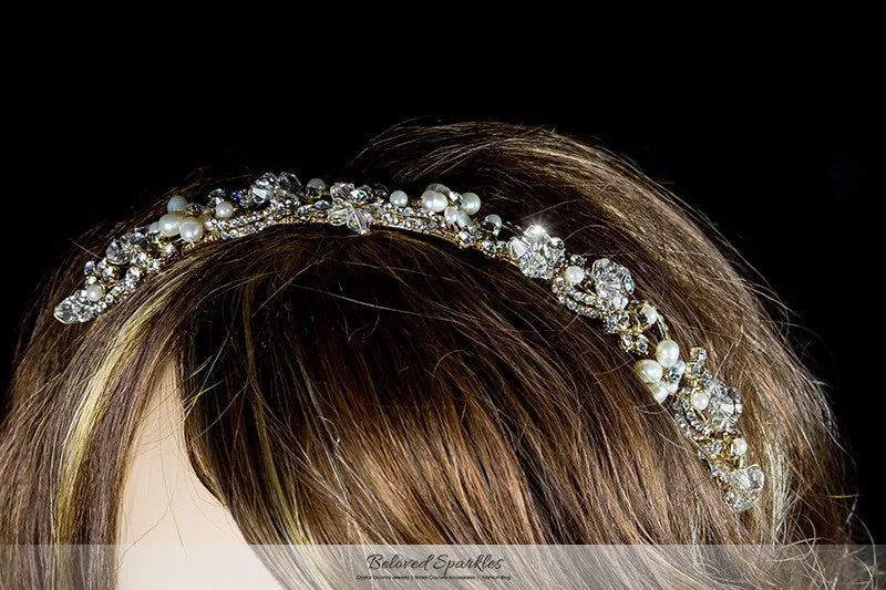 Eva Floral Pearl Gold Headband | Swarovski Crystal