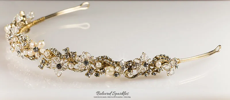 Eva Floral Pearl Gold Headband | Swarovski Crystal