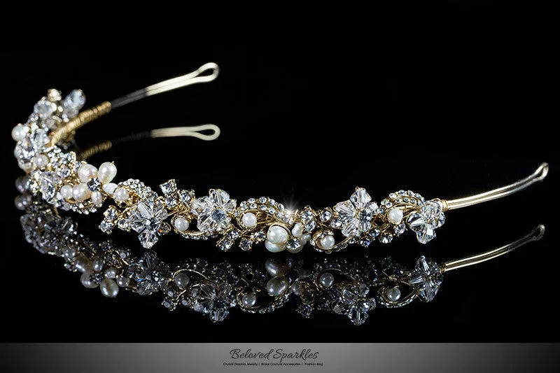 Eva Floral Pearl Gold Headband | Swarovski Crystal