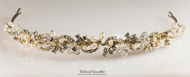 Eva Floral Pearl Gold Headband | Swarovski Crystal