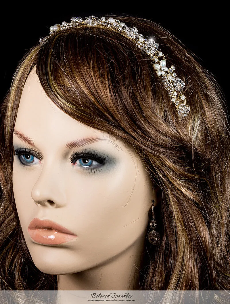 Eva Floral Pearl Gold Headband | Swarovski Crystal
