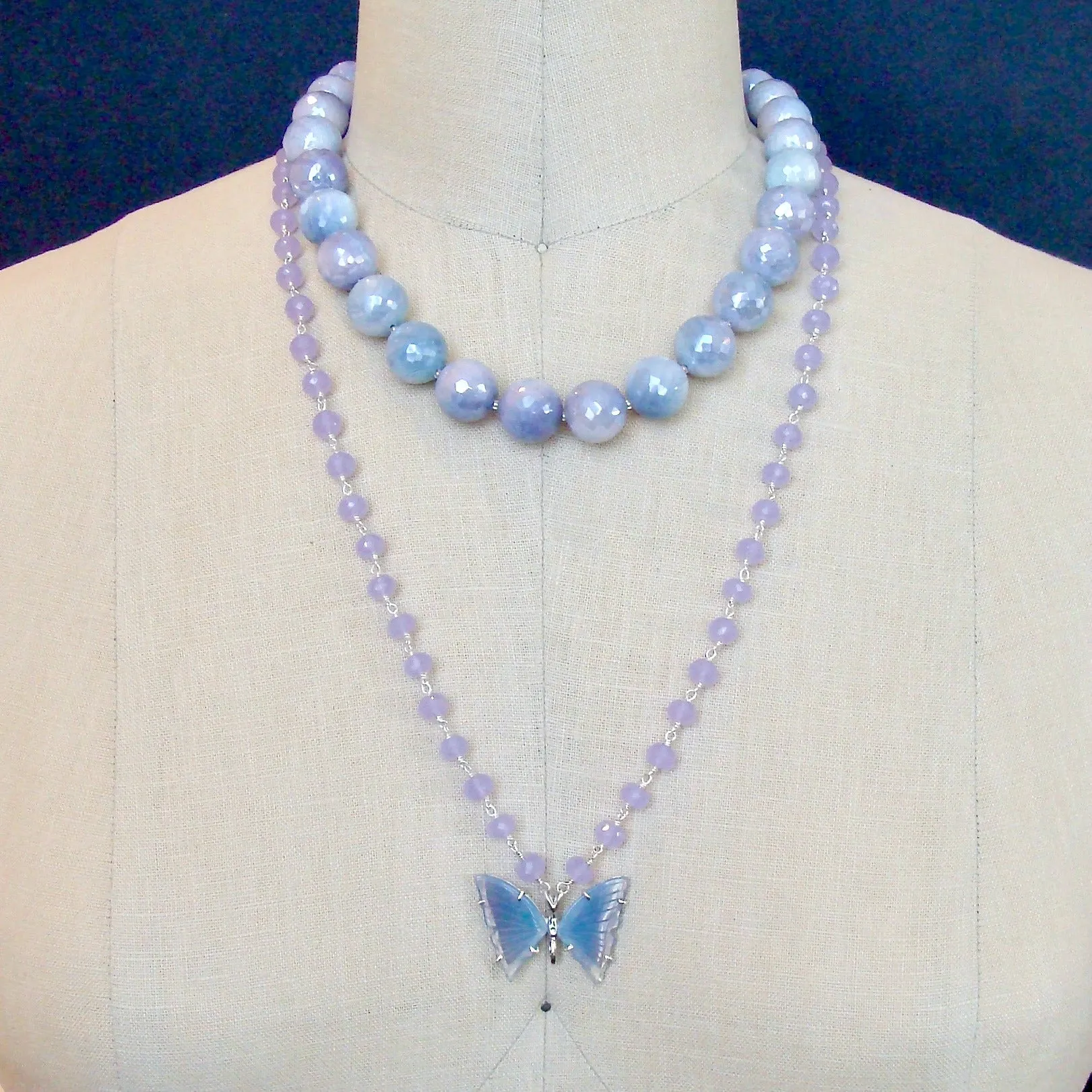 Faceted Lavender Mystic Moonstone Choker Necklace MOP Blue Chalcedony Inlay Toggle - Violet Necklace