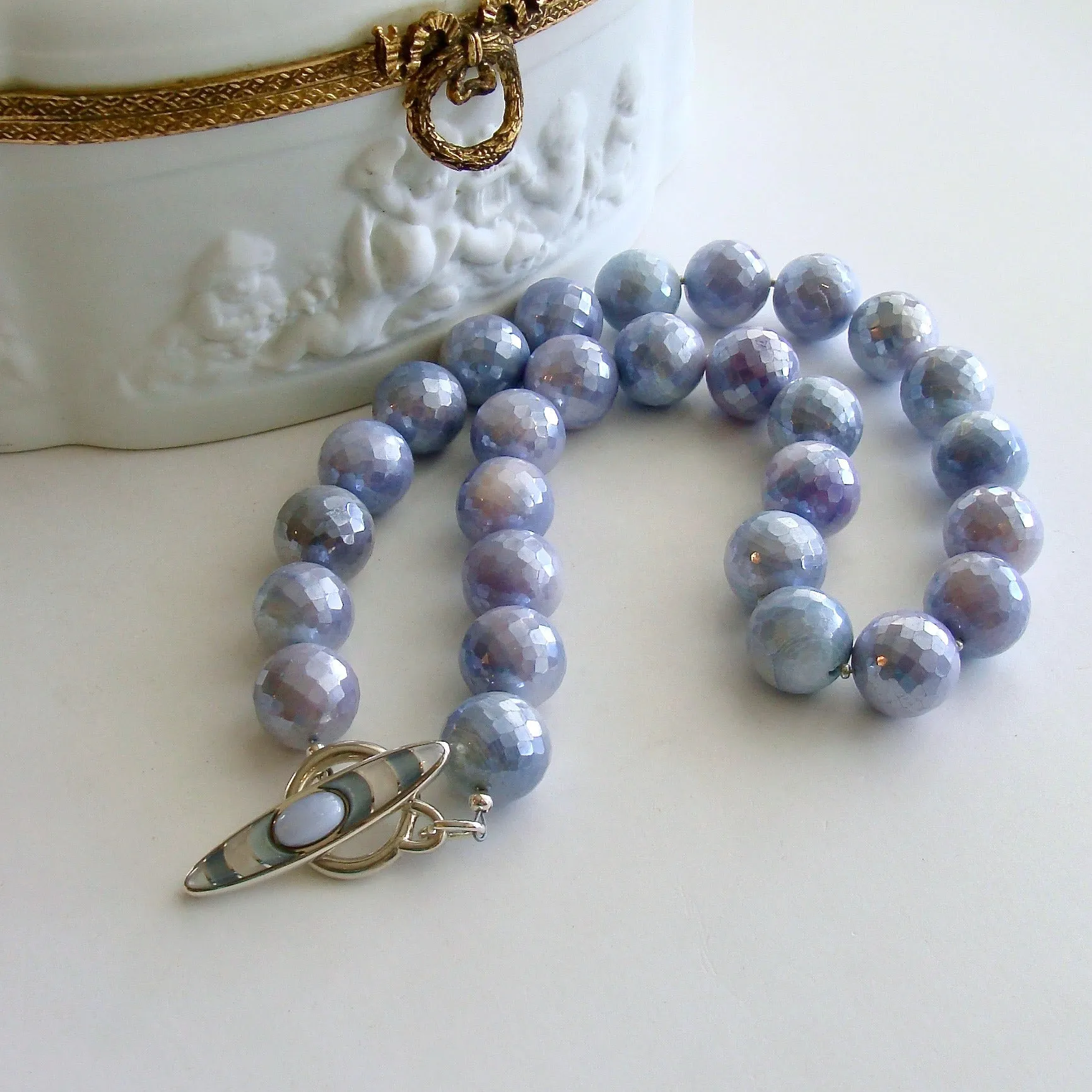 Faceted Lavender Mystic Moonstone Choker Necklace MOP Blue Chalcedony Inlay Toggle - Violet Necklace