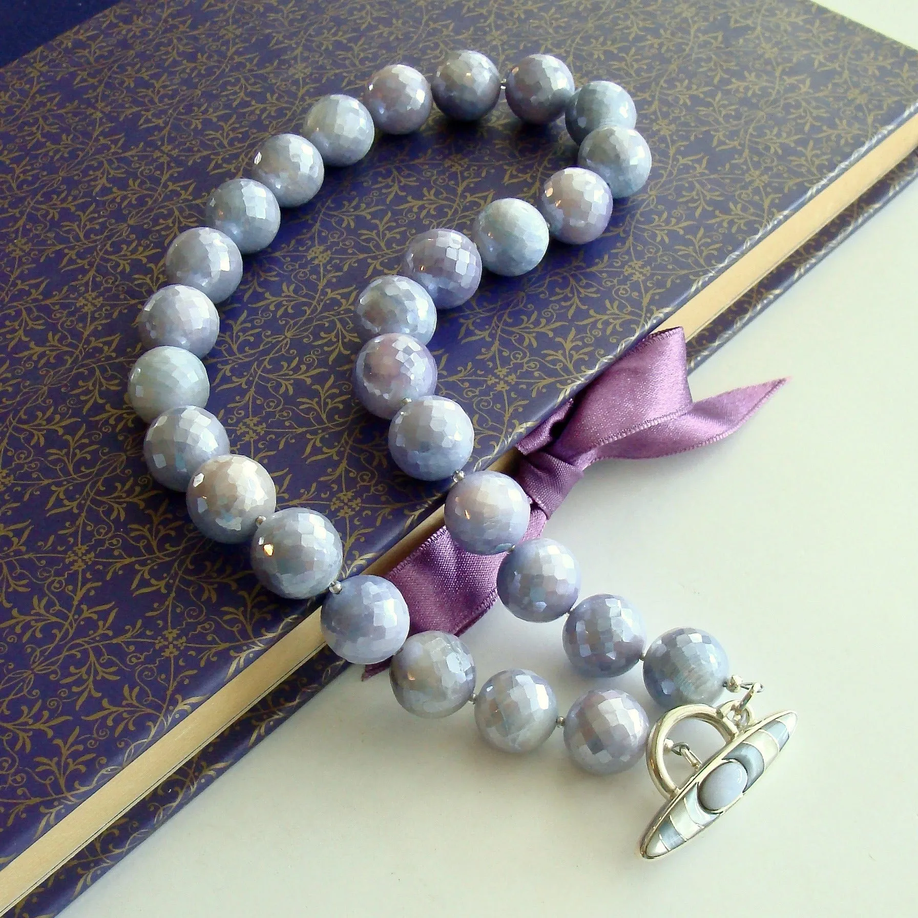 Faceted Lavender Mystic Moonstone Choker Necklace MOP Blue Chalcedony Inlay Toggle - Violet Necklace