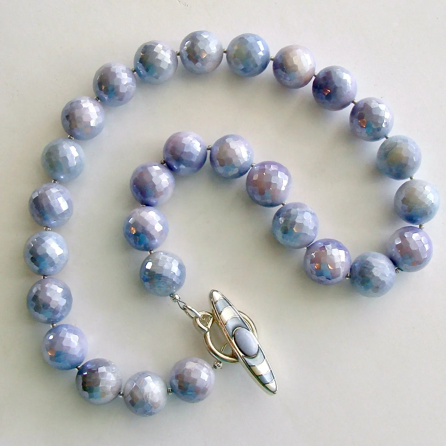 Faceted Lavender Mystic Moonstone Choker Necklace MOP Blue Chalcedony Inlay Toggle - Violet Necklace