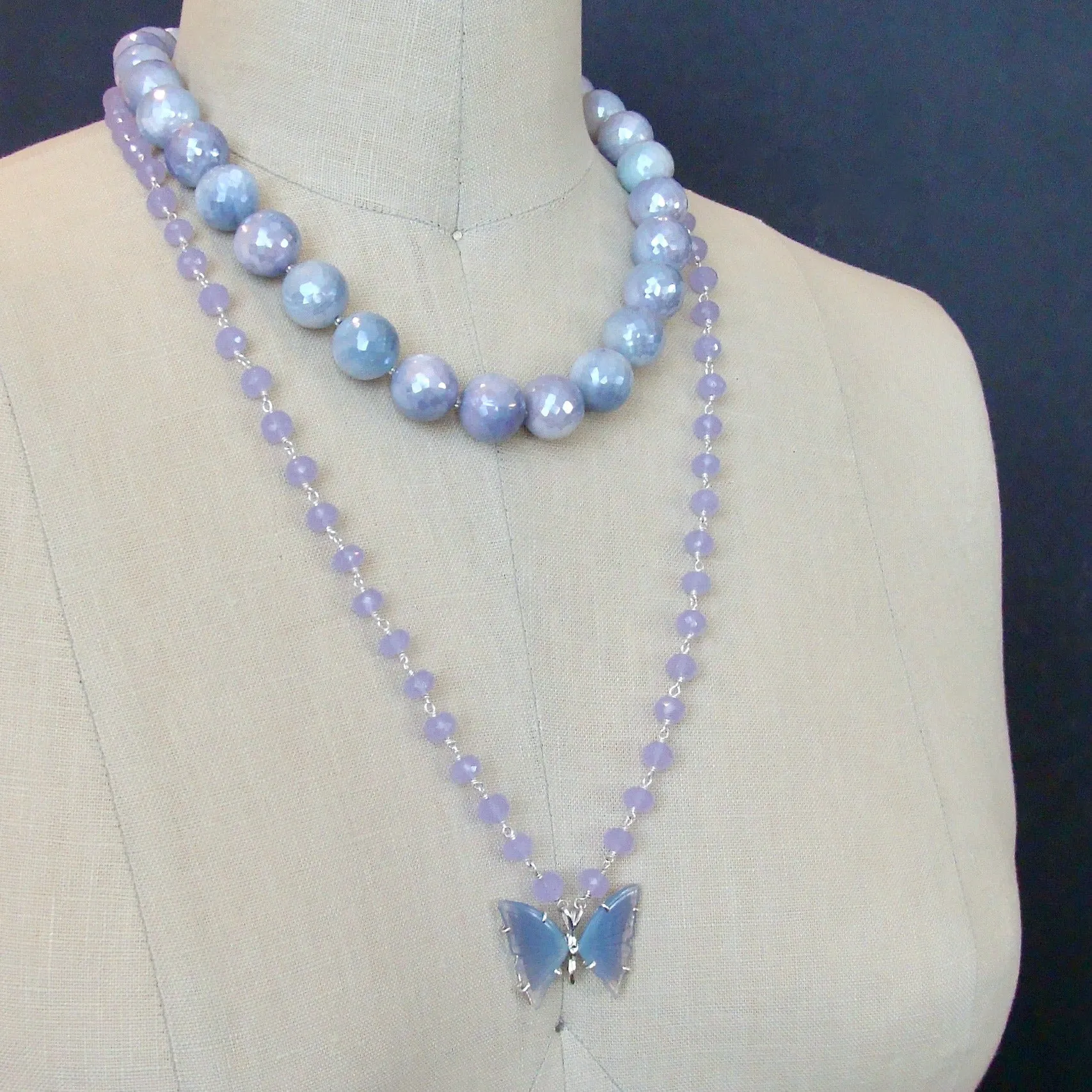 Faceted Lavender Mystic Moonstone Choker Necklace MOP Blue Chalcedony Inlay Toggle - Violet Necklace