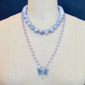 Faceted Lavender Mystic Moonstone Choker Necklace MOP Blue Chalcedony Inlay Toggle - Violet Necklace