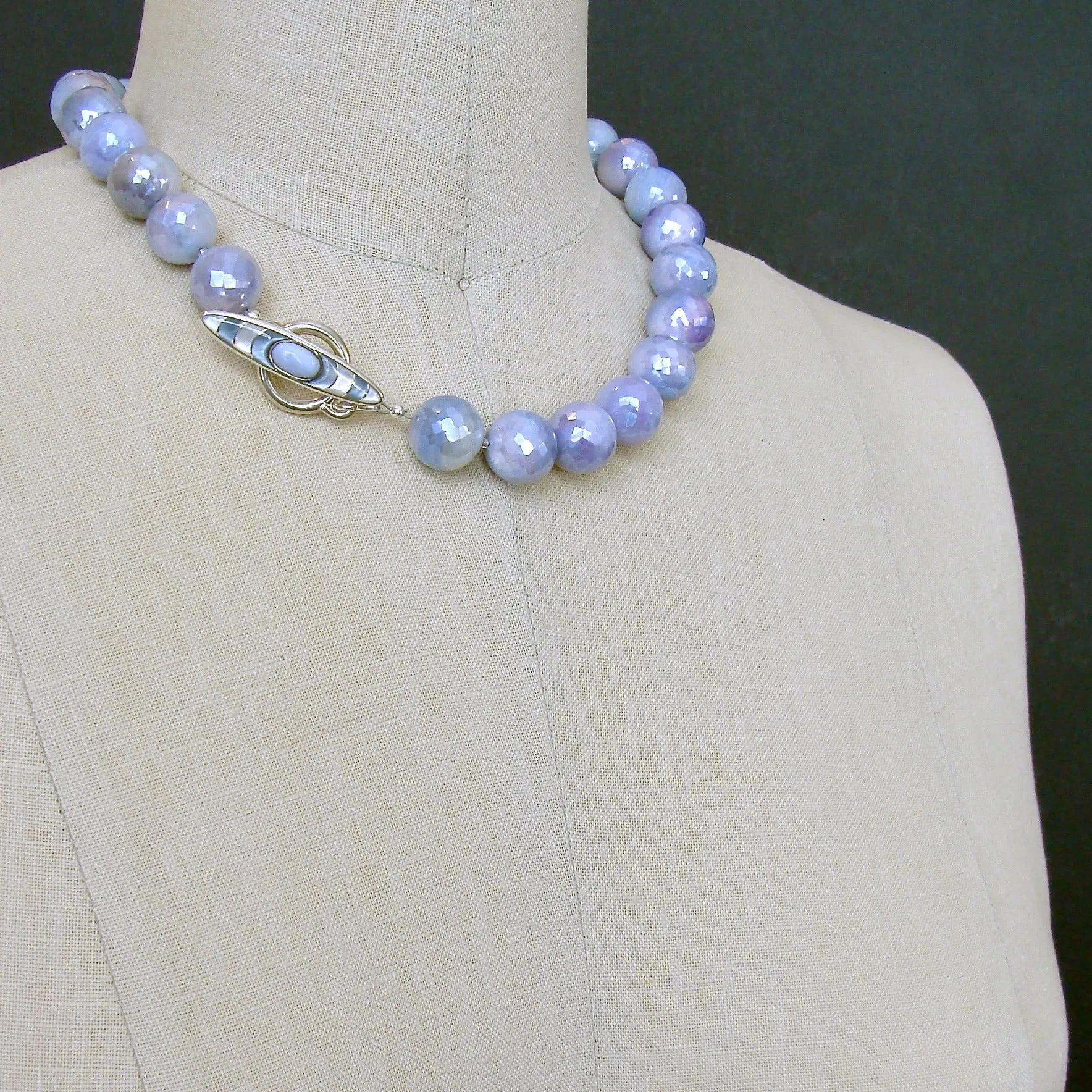 Faceted Lavender Mystic Moonstone Choker Necklace MOP Blue Chalcedony Inlay Toggle - Violet Necklace