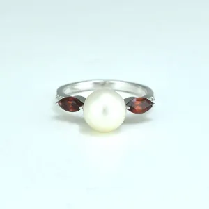 Freshwater Pearl, Garnet and Diamond Ring in Sterling Silver