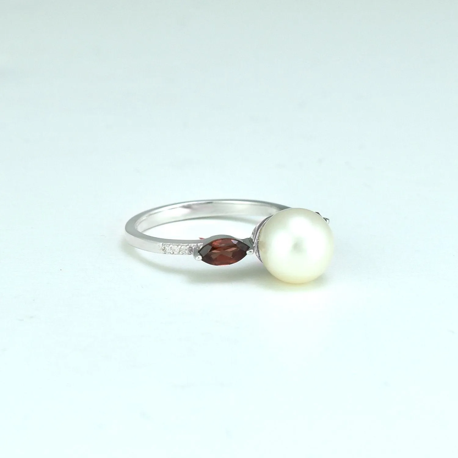 Freshwater Pearl, Garnet and Diamond Ring in Sterling Silver
