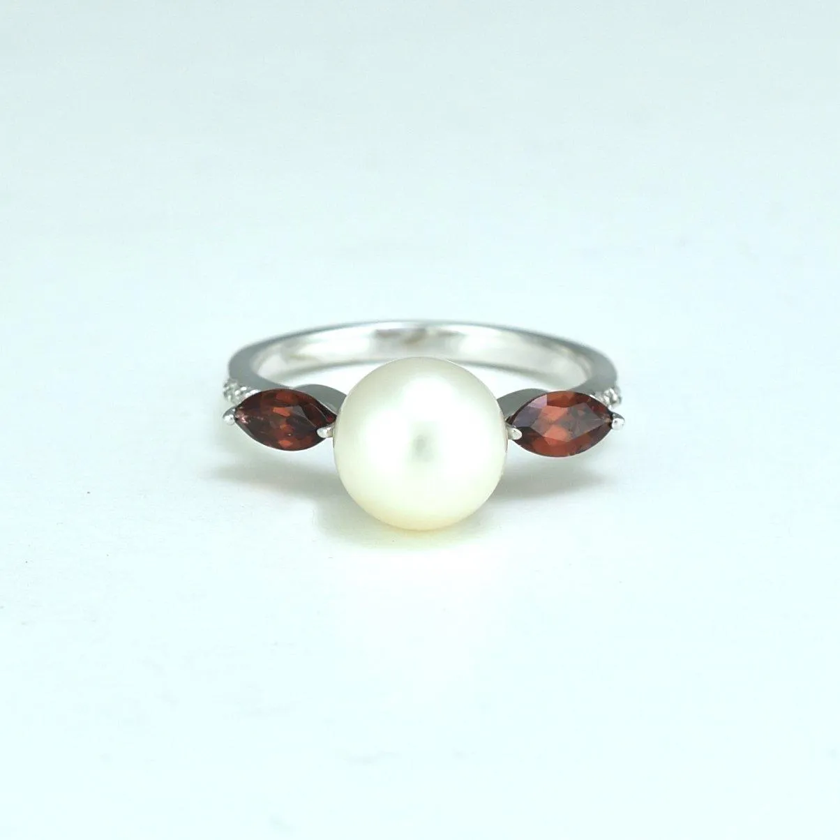 Freshwater Pearl, Garnet and Diamond Ring in Sterling Silver