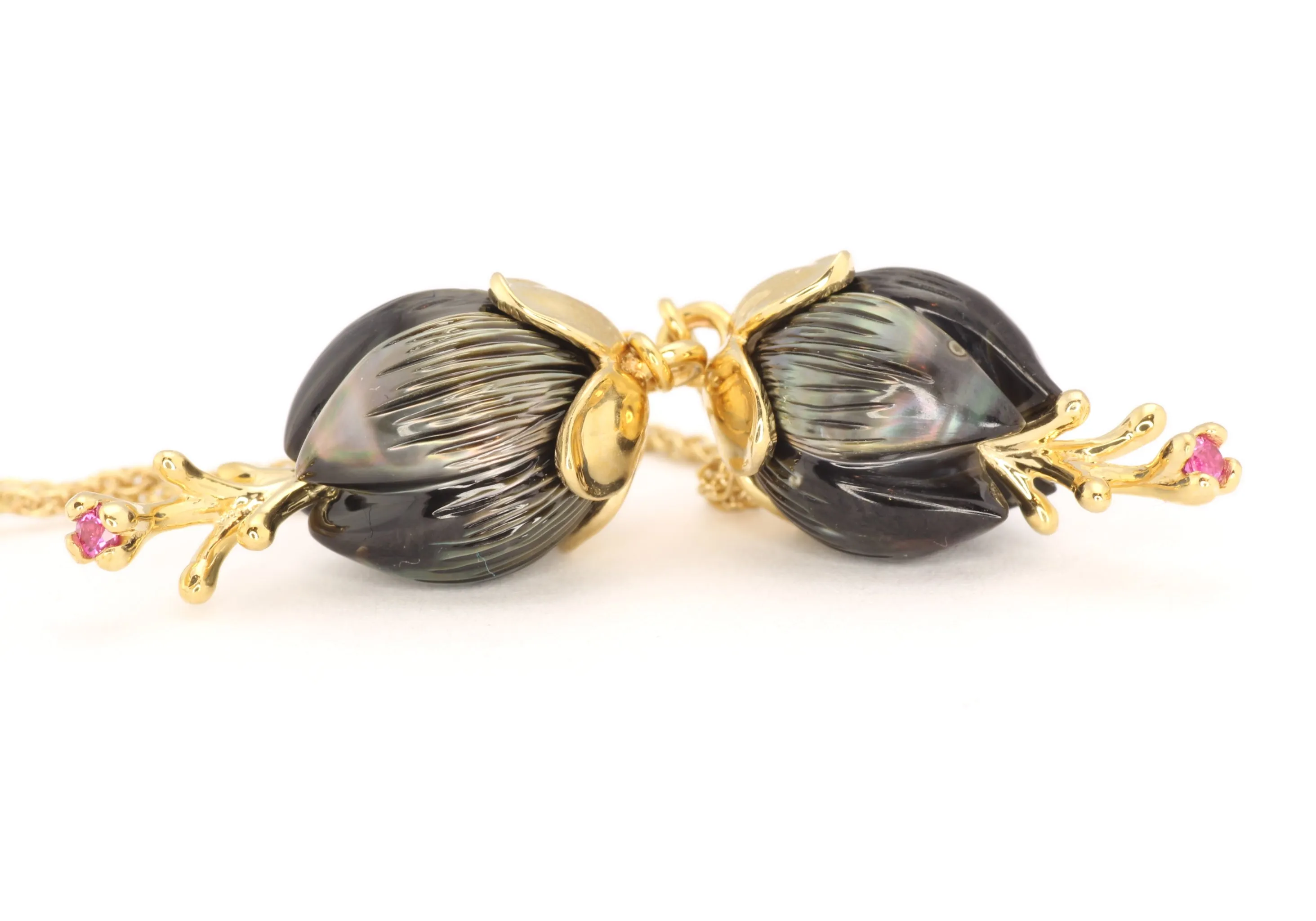Galatea Carved Tahitian Pearl and Ruby Earrings