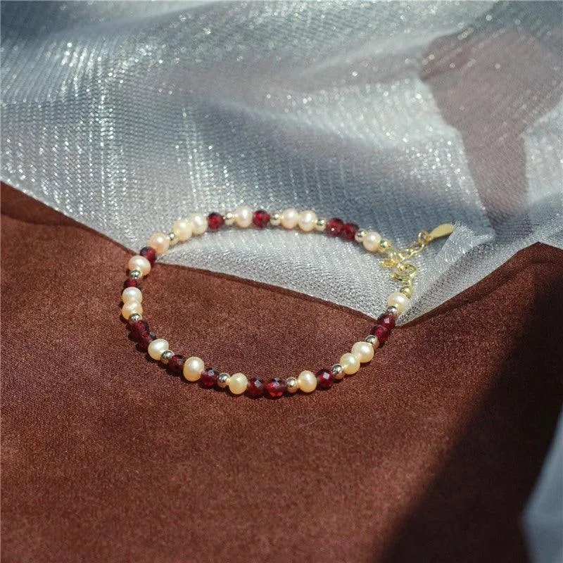 Garnet and Pearl Bracelet (Solid Silver)