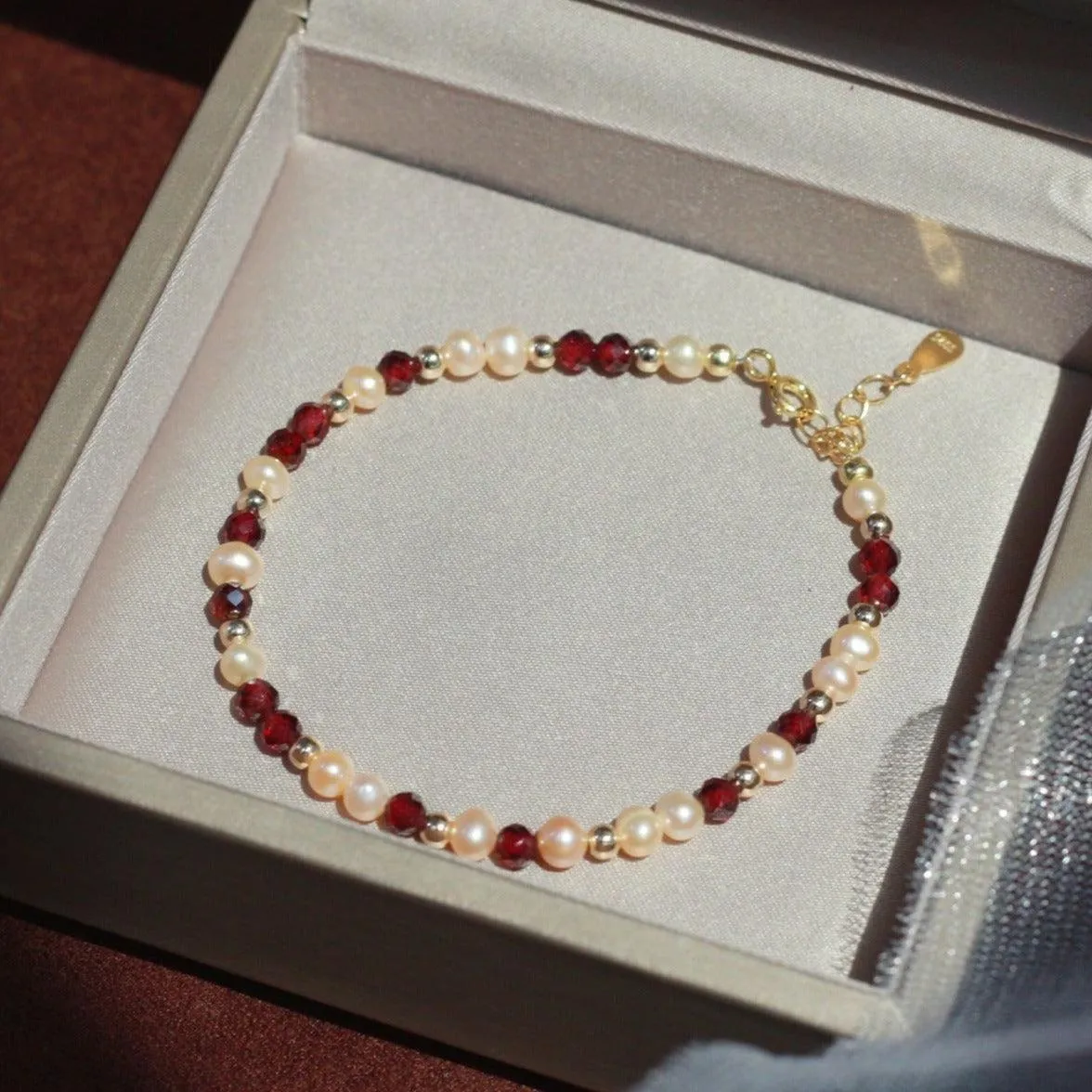 Garnet and Pearl Bracelet (Solid Silver)
