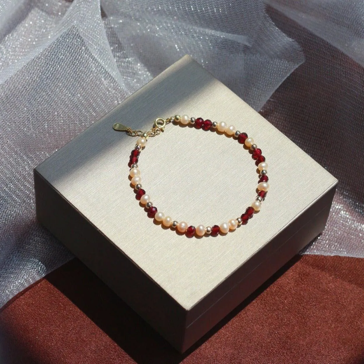 Garnet and Pearl Bracelet (Solid Silver)