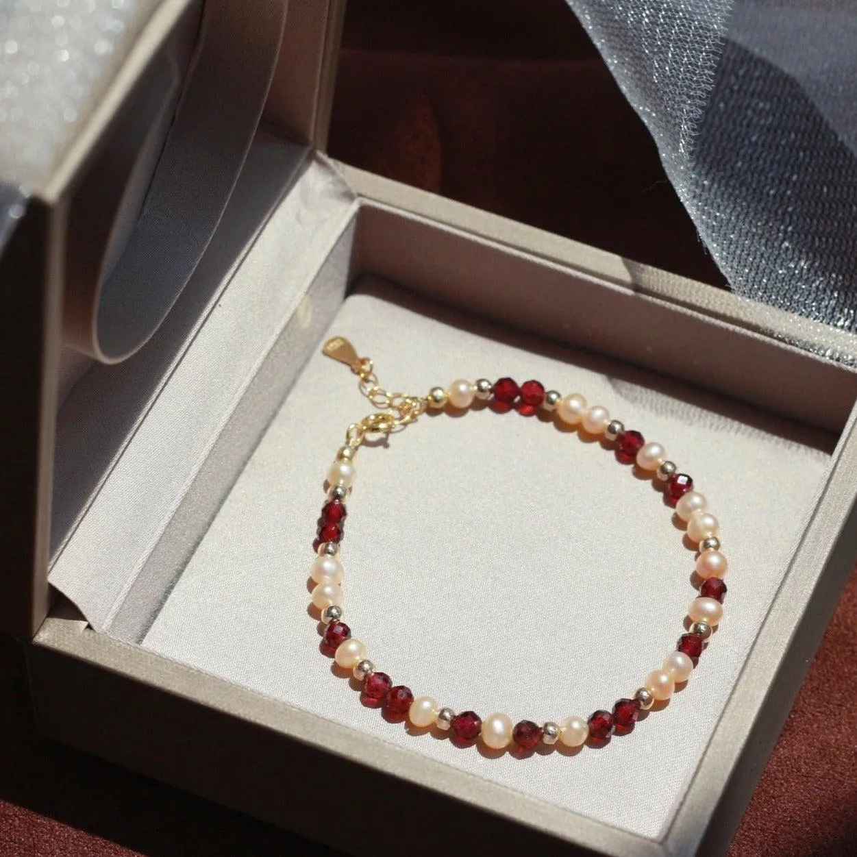 Garnet and Pearl Bracelet (Solid Silver)