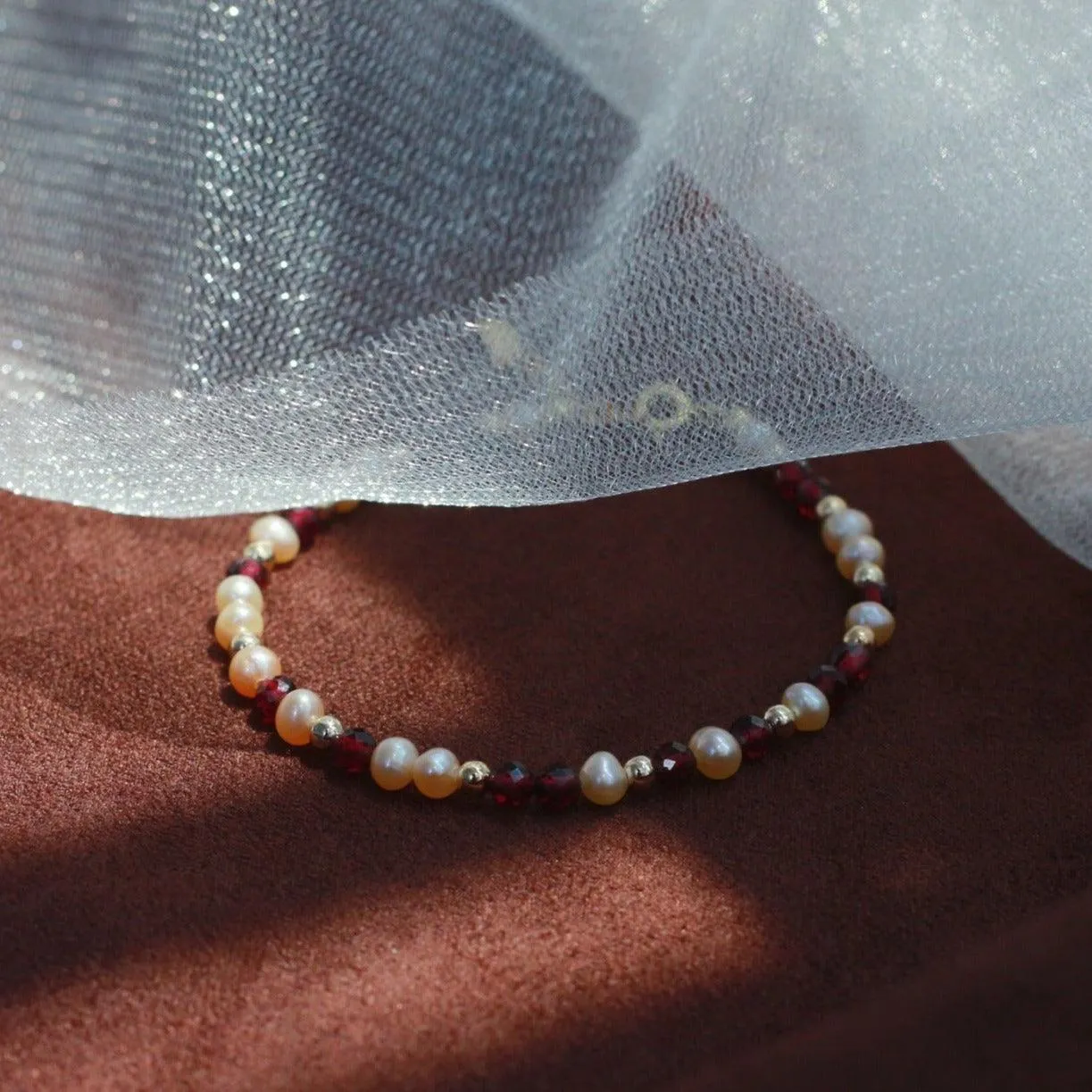 Garnet and Pearl Bracelet (Solid Silver)
