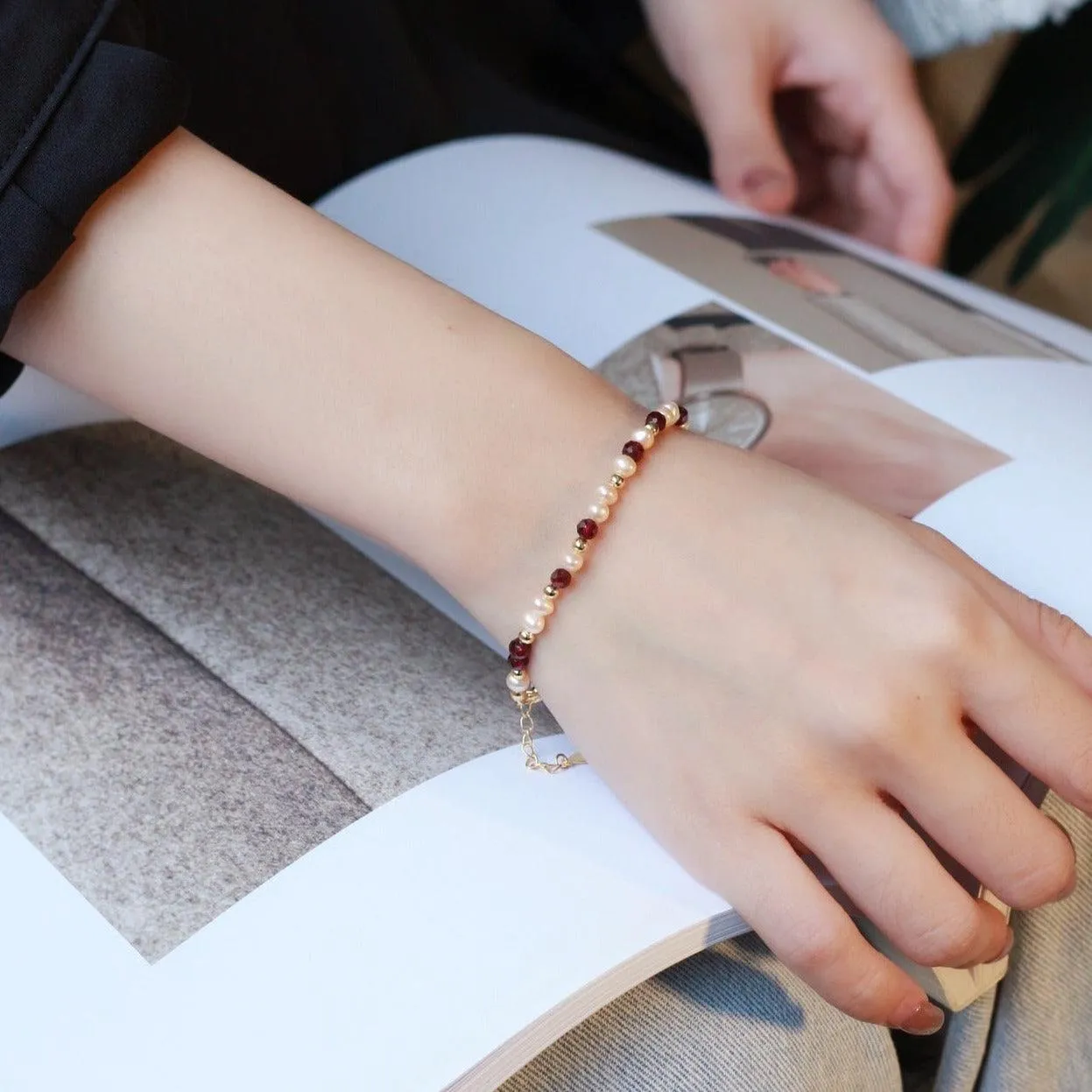 Garnet and Pearl Bracelet (Solid Silver)