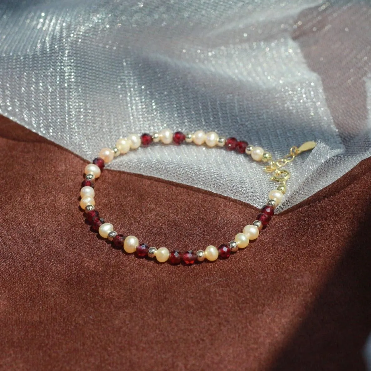 Garnet and Pearl Bracelet (Solid Silver)
