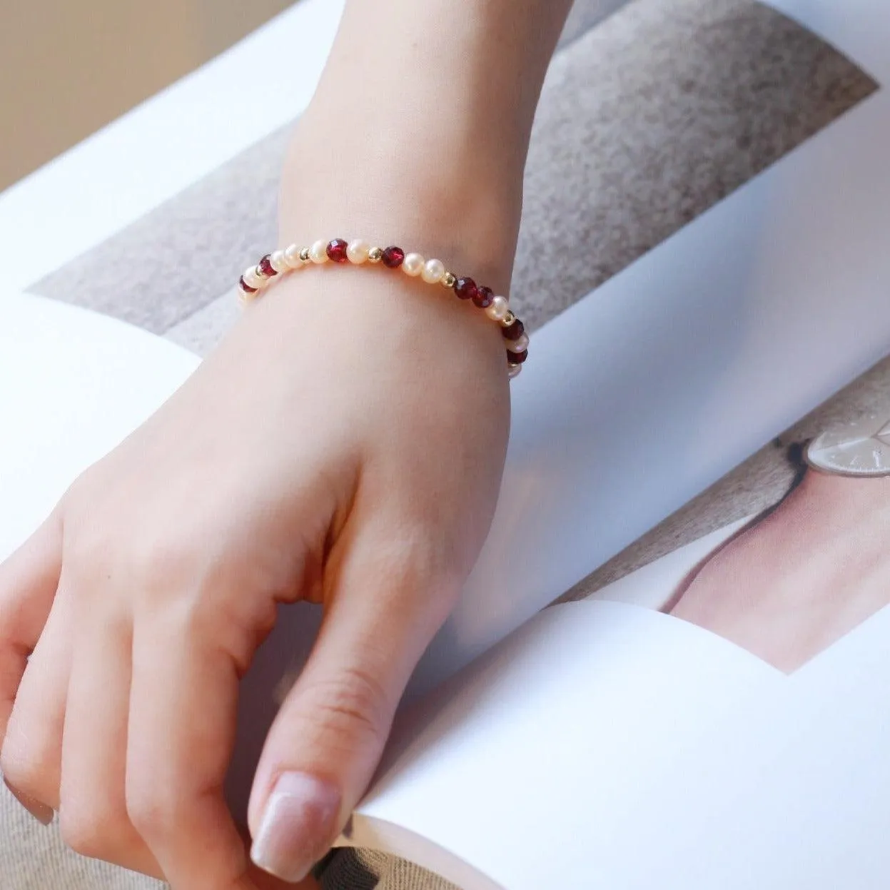 Garnet and Pearl Bracelet (Solid Silver)