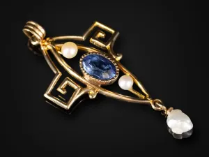 Garnet Doublet and Seed Pearl Lavalier in 10K Yellow Gold