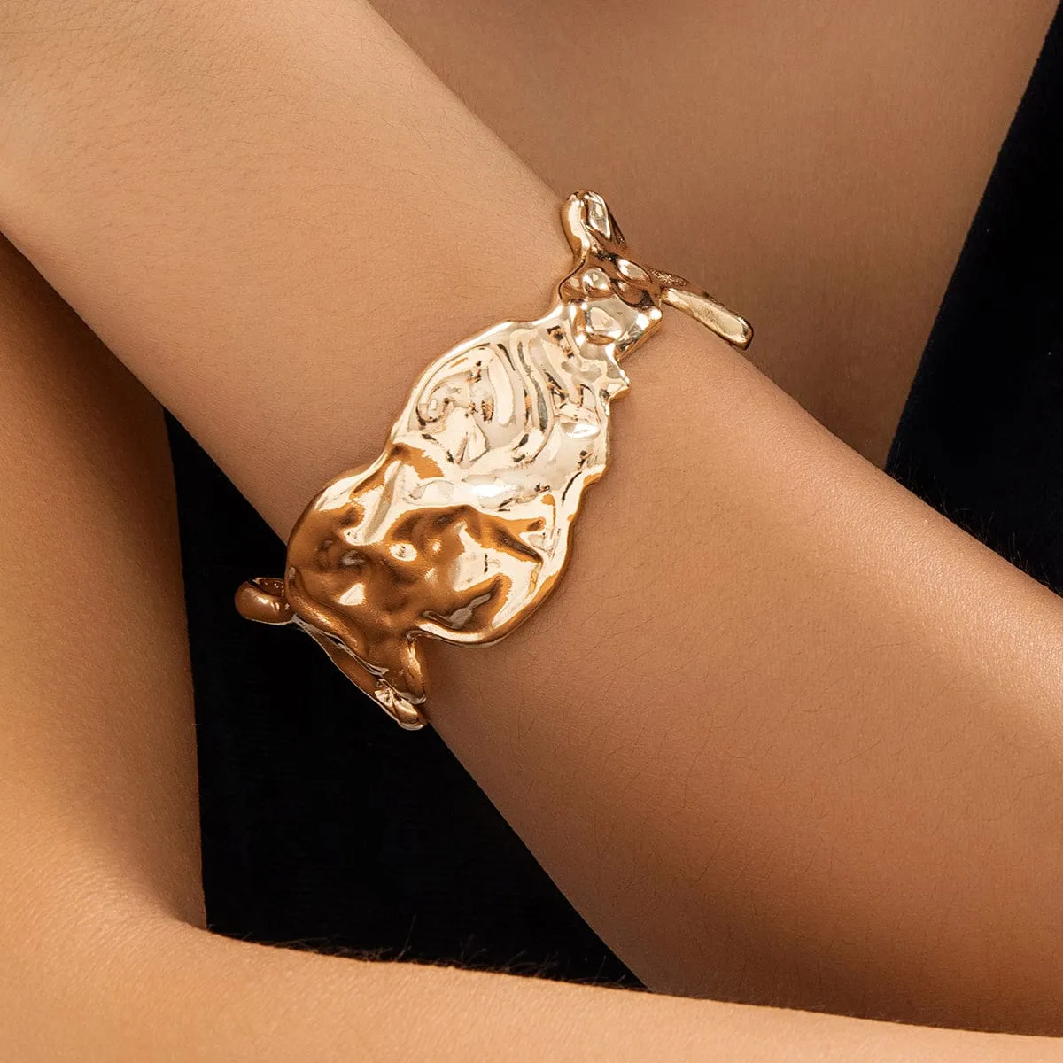 Geometric Gold Silver Plated Irregular Lava Open Cuff Bracelet