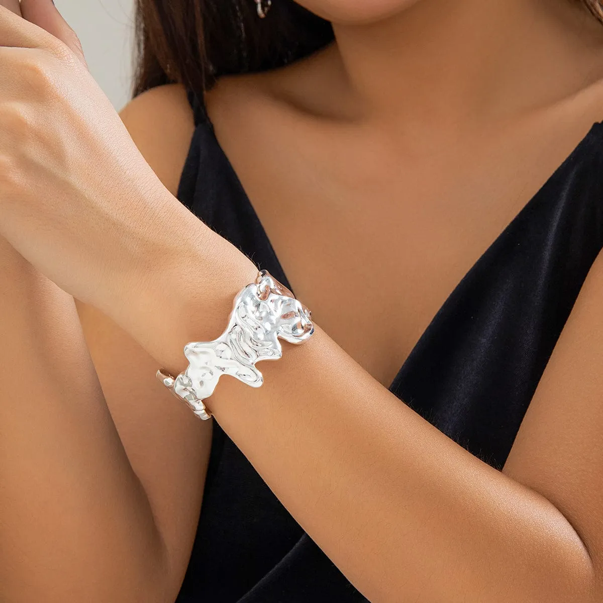 Geometric Gold Silver Plated Irregular Lava Open Cuff Bracelet
